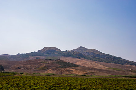 Mountain landscape on the highway in Sicily to Palerma. Traveling in Italy