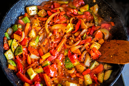 vegetable stew with tomatoes and garlic for dinner. Vegan nutrition, healthy lifestyle
