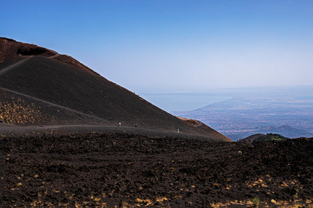 Daytime view of the sea from Mount Etna. Traveling in Italy.の写真素材