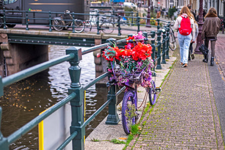 bicycle parking along a canal in Amsterdam during the day.の写真素材