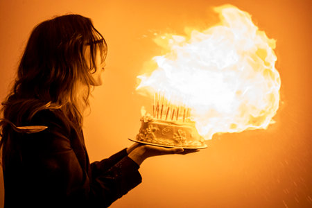 happy girl blows out the candles on her birthday cake.の写真素材