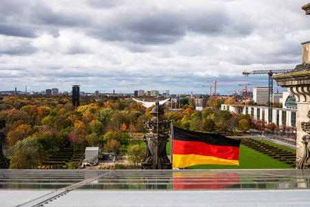 German flag overlooking Berlinの写真素材