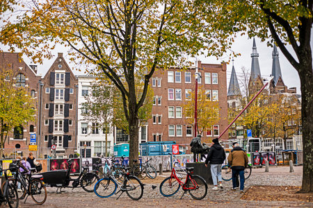 Beautiful houses along a canal in Amsterdam. Traveling Europeの写真素材