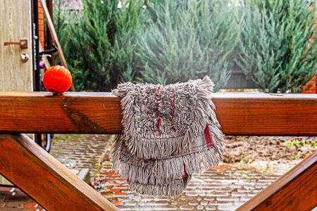 A wet mop lies on the wooden beams outside. Cleaning companyの写真素材