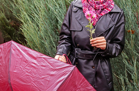 holding a pink chrysanthemum and a red umbrella.