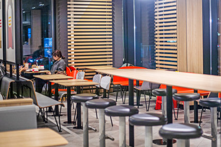Modern interior of a fast food cafe. Snack and business.