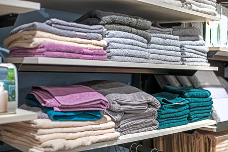Multicolored modern towels on a shelf in the home departmentの写真素材