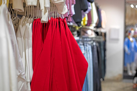 Multicolored clothes on hangers in the clothing departmentの写真素材