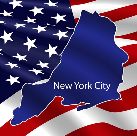 United States, New York City. Dark blue silhouette of the city on its borders on the background of the USA flag.のイラスト素材