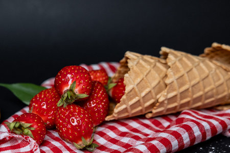 Fresh ripe strawberries and red currants arranged in rustic bowls with waffle cones on red and white gingham cloth over dark background.の写真素材