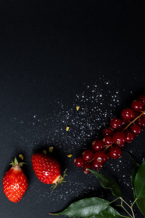 Two fresh strawberries, red currant with powdered sugar, garnished with small leaf branch on dark...