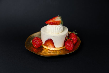 Elegant mini strawberry mousse cake wirh fresh berries on golden plate over dark background. Gourmet...
