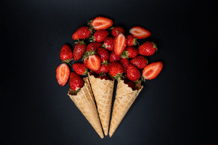 Fresh ripe strawberries are spilling out of the three waffle cones on dark background in minimalist style. Fresh organic berries, perfect for healthy eating.の写真素材