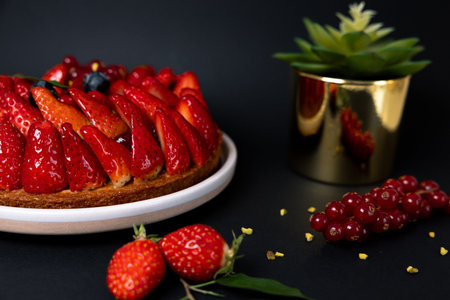 Homemade strawberry tart with glossy fresh berries, elegant presentation on dark background.