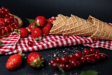 Fresh ripe strawberries and red currants arranged in rustic bowls with waffle cones on red and white...
