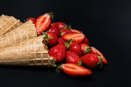 Fresh ripe strawberries are spilling out of the three waffle cones on dark background in minimalist...
