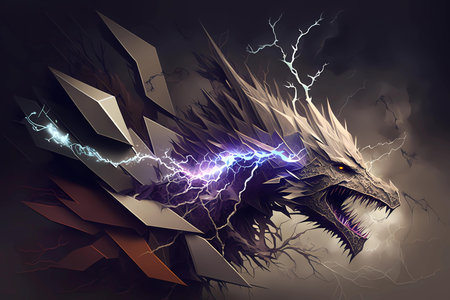 Fractal 3d illustration of a dragon head with lightning in the backgroundの素材