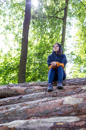 Woman tourist sitting on tree logs in the forest.の写真素材