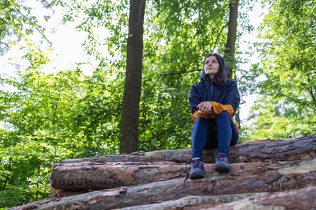 Woman tourist sitting on tree logs in the forest.の写真素材