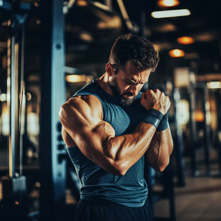 Fitness enthusiast showcasing strength during a workout at a gym in a well-lit training spaceの素材