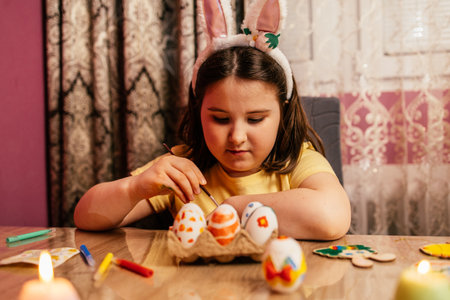 Young girl decorates colorful eggs at home while wearing bunny ears during spring festivitiesの写真素材