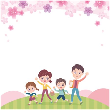 Family is cherry blossom viewing.It's vector art so it's easy to edit.のイラスト素材