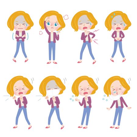 A set of blonde woman with who express various emotions.It's vector art so it's easy to edit.のイラスト素材