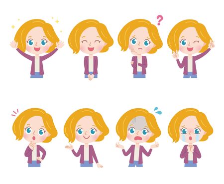 A set of blonde woman with who express various emotions.It's vector art so it's easy to edit.のイラスト素材