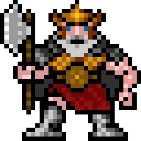 vector pixel art viking isolated cartoon illustration of viking with spear. Viking pixel art, vector graphics. A figure of a viking in armor in a helmet with a sword and an ax.のイラスト素材