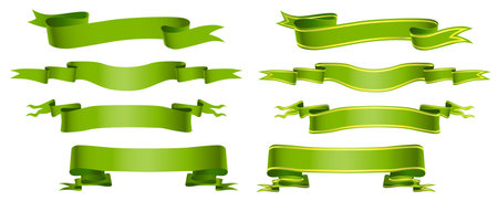 Set of green ribbons on a white background. Vector illustration. Vector ribbon in green for decoration of holidays, cards, greetings. Realistic set of green ribbons, vector image.のイラスト素材