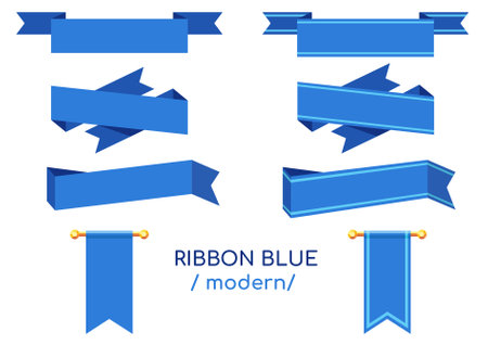 Set of blue ribbons on a white background. Vector illustration. Vector ribbon in blue for decoration of holidays, cards, greetings, icons. Realistic set of blue ribbonsのイラスト素材