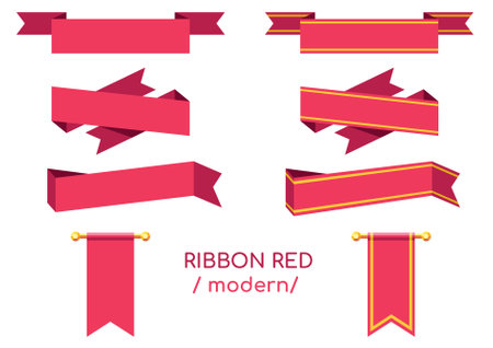 Set of red ribbons isolated on white background. Vector illustration. Vector ribbon in red for decoration of holidays, cards, greetings. Realistic set of red ribbons, vector image.のイラスト素材