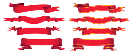 Set of red ribbons isolated on white background. Vector illustration. Vector ribbon in red for decoration of holidays, cards, greetings. Realistic set of red ribbons, vector image.のイラスト素材