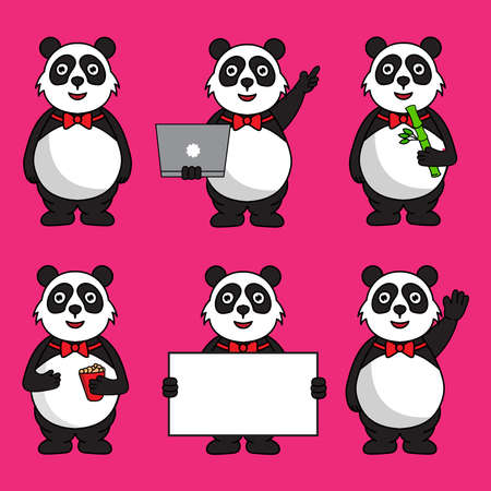 set of cute Fat panda mascot cartoon characters illustration set with various styles and posesのイラスト素材