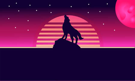 modern retro abstract wallpaper banner background wolf howling neon lightsのイラスト素材