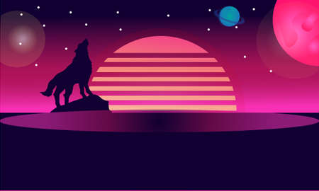 modern retro abstract wallpaper banner background wolf howling neon lights with stars and moonのイラスト素材