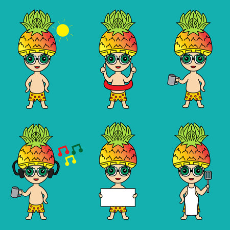 set of cute cartoon mascot illustration bundle of little man with pineapple head undressed with various posesのイラスト素材