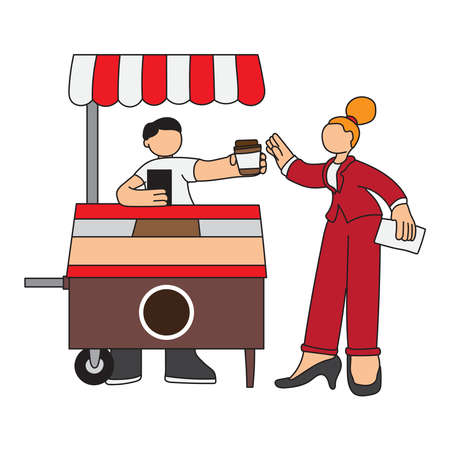 coffee seller cartoon flat giving coffee to business womanのイラスト素材