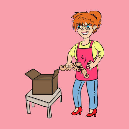 cartoon character of a woman taking things from a box on a tableのイラスト素材