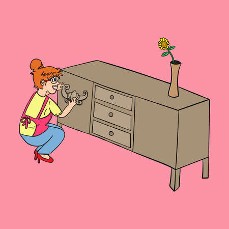cartoon character of a woman sticking furniture on the dressing tableのイラスト素材