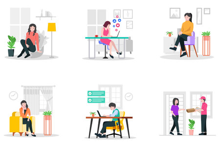 flat illustration woman activity set pack bundleのイラスト素材