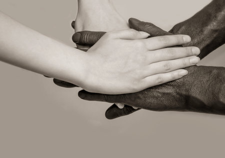 Black and white hands are folded on top of each other, against a gray isolated background. The concept of unity, mutual assistance, and inter-racial friendship. Close-up, selective focusの写真素材