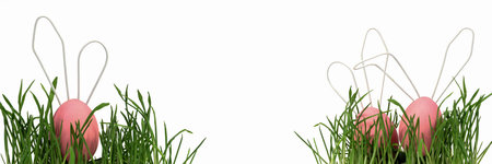 Easter eggs, cute rabbits with white wire ears, peek out from the green grass at the edges of the...