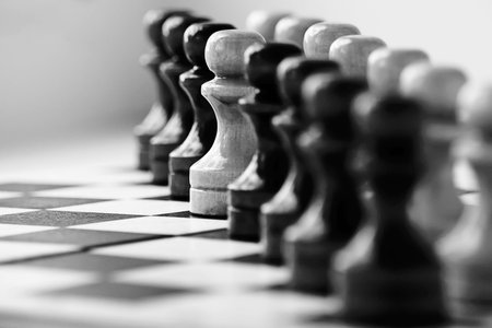 The concept of Stop racism. Black and white pawns on a chessboard lined up in a row. Selective focus on the white pawn against the background of disfocus pieces.の写真素材