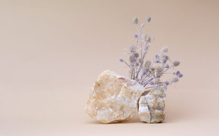 Background for cosmetics. Stone podium with bouquet of dried flowers on soft beige isolated...