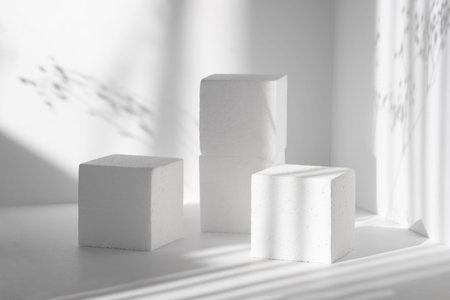 3d podium, for presentations of packaging, cosmetics. Three white square scenes, of different...