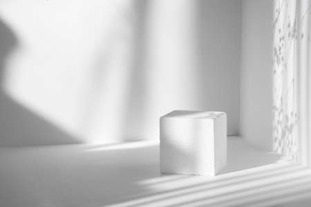 White cube against background of clean walls in sunlight. Hard shadows from sun's rays, in form of stripes of different widths. 3d podium concept for packaging and cosmetics presentations.の写真素材