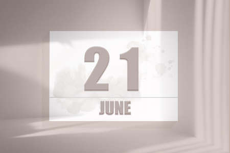 june 21.21th day of the month, calendar date.White sheet of paper with numbers on minimalistic pink background with window shadows. Summer month, day of the year concept.3D illustrationの写真素材