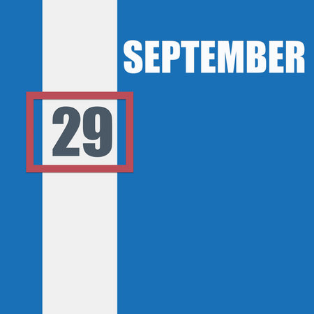 september 29.29th day of month, calendar date.Blue background with white stripe and red number slider. Concept of day of year, time planner, autumn monthの写真素材