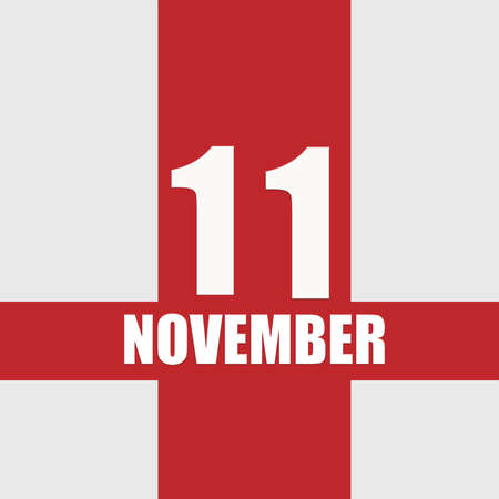 november 11.11th day of month, calendar date.White numbers and text on red intersecting stripes. Concept of day of year, time planner, autumn monthの写真素材